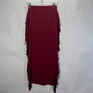 Fringe Maxi Skirt Wine/Burgundy Stretch Women's Size S/M